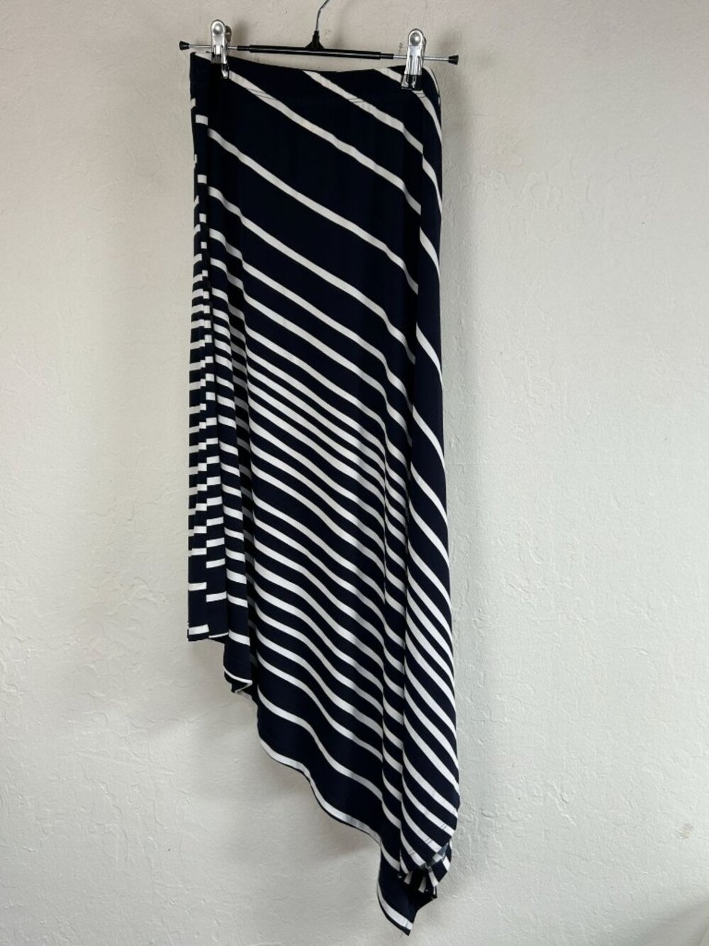 Chico's Womens Asymmetrical Striped Midi Skirt Navy White Knit Pull On Size 0
